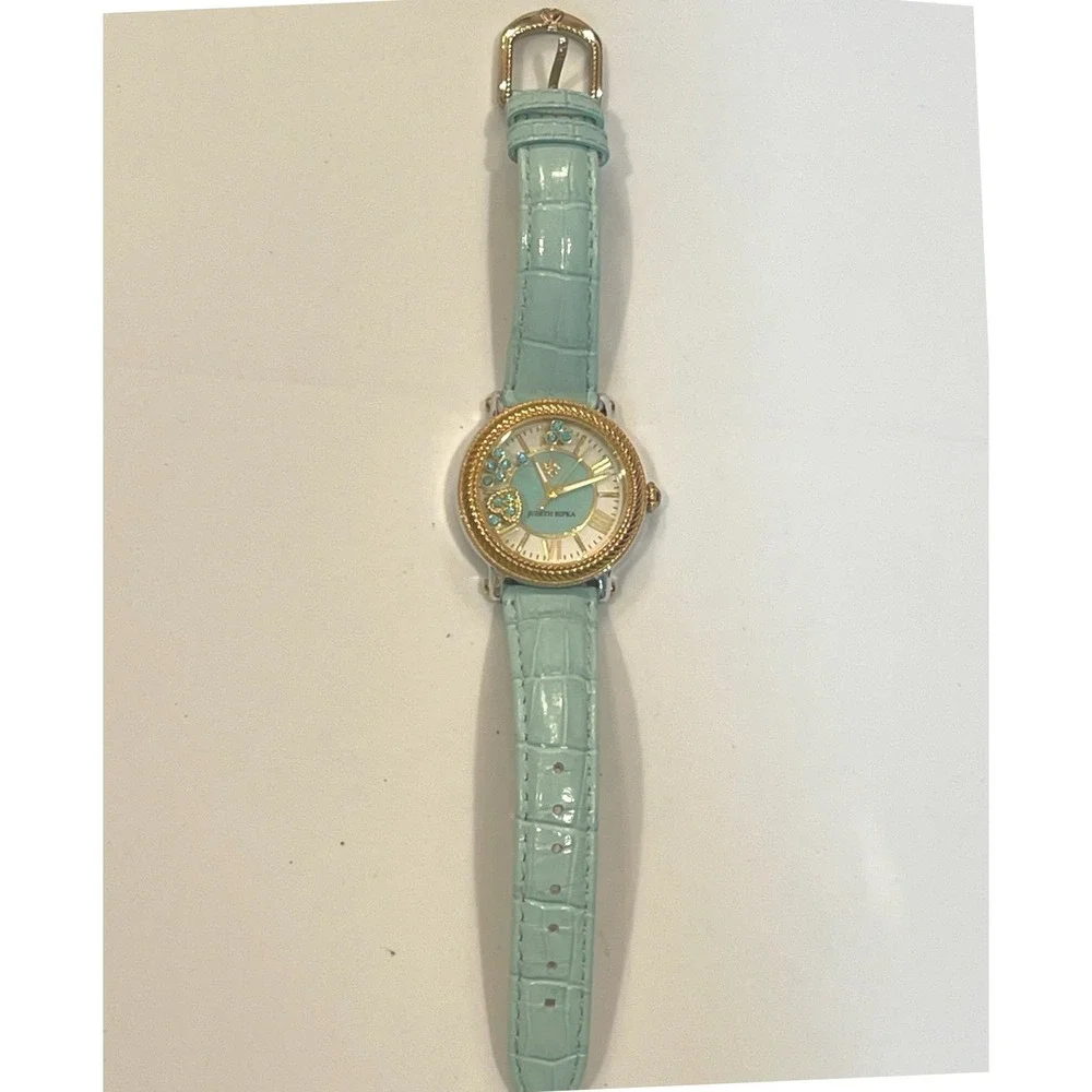 Judith Ripka Turquoise Dial Gold Tone Rope Bezel Croco Leather Strap Watch